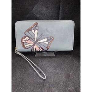 Fossil Butterfly Zip Around Wallet Wristlet Gray Leather RARE‎